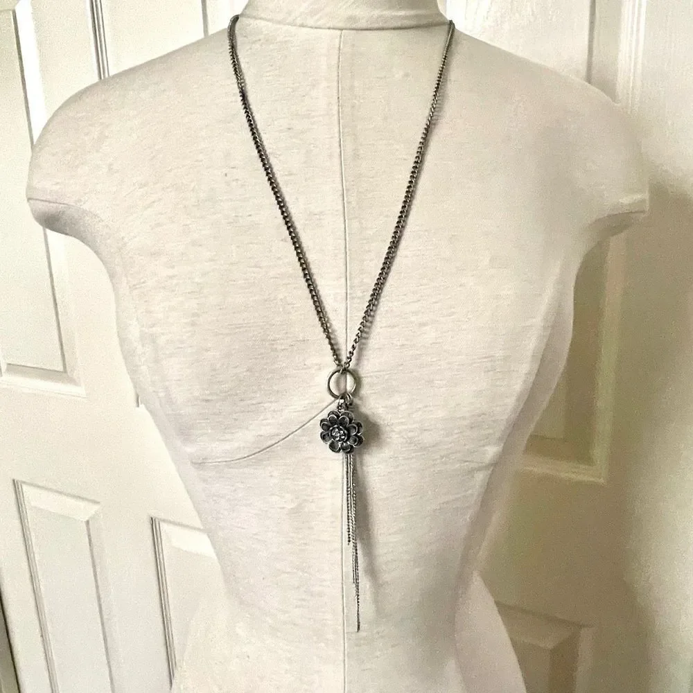 Silver tone flower tassel chain long necklace